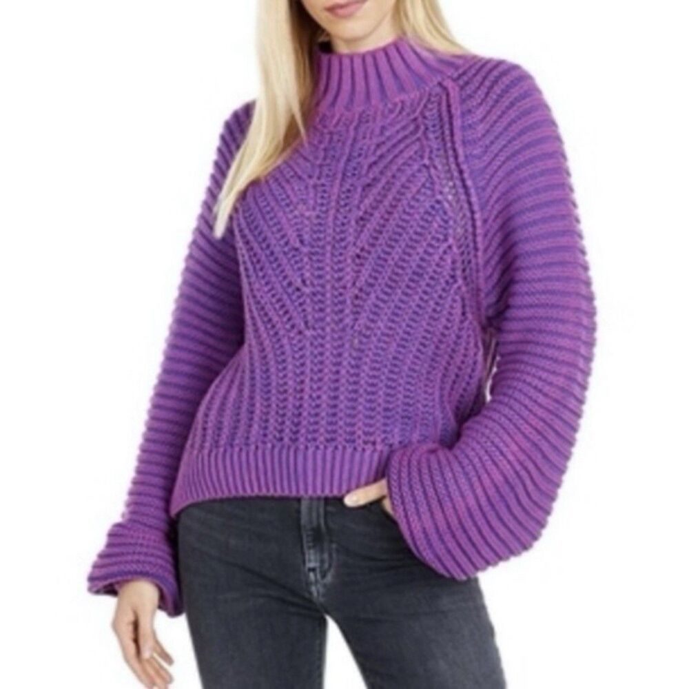 Free People Sweetheart Sweater Glowing Orchid Purple Chunky Knit High Neck Sz S